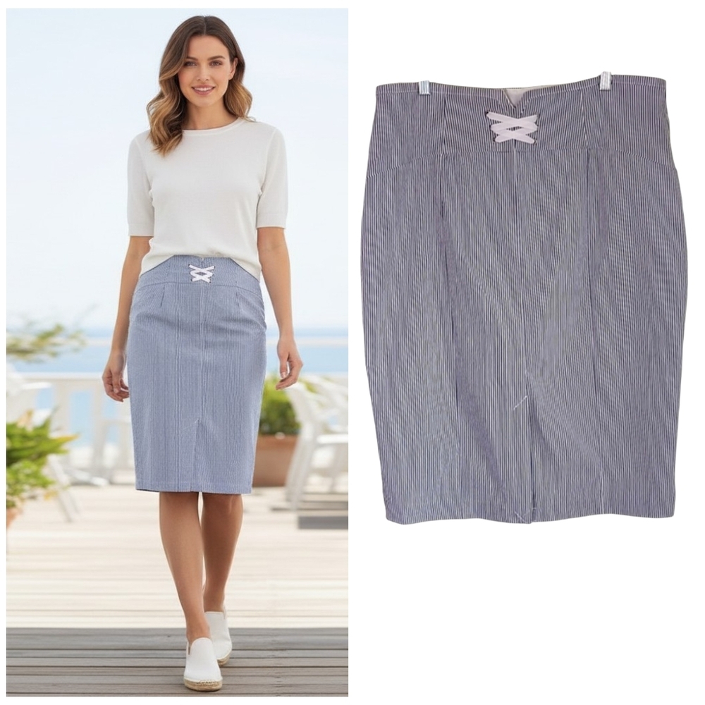 New York & Co Pencil Skirt Wmn's 18 Blue White Striped Seersucker Nautical - Picture 1 of 16